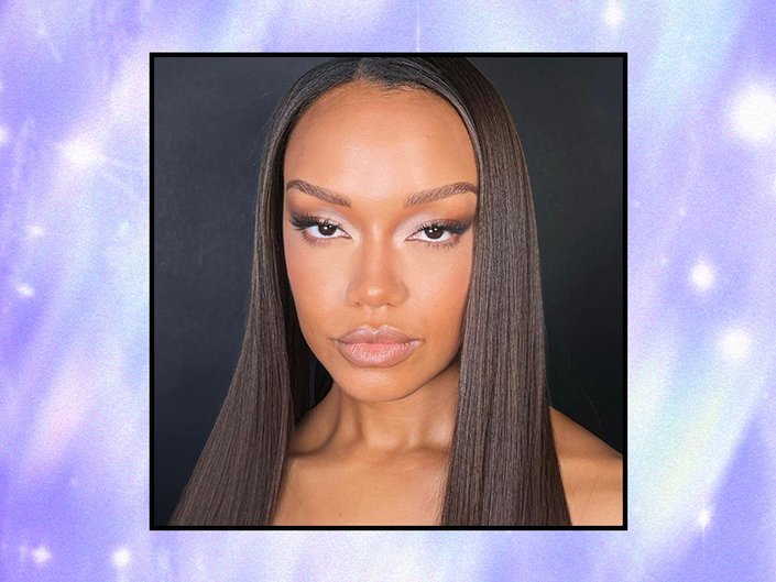 Picture of a person with smoky eyes on a purple gradient background