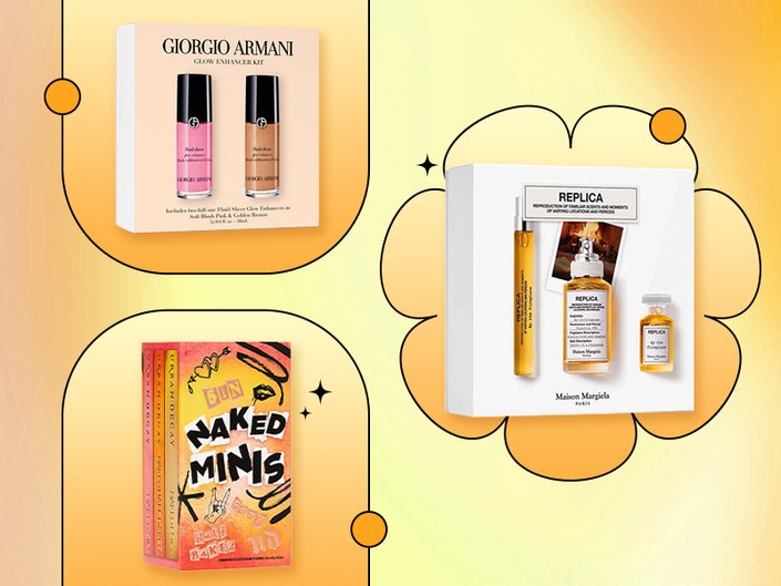 Collage of holiday beauty gift sets