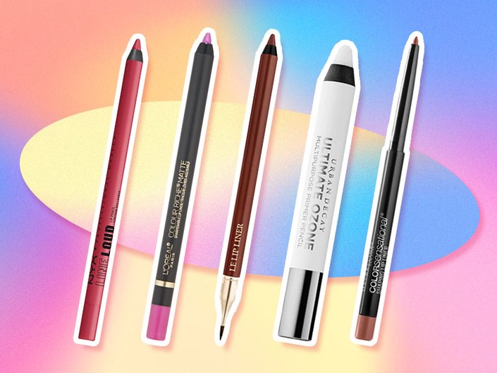 lip liners collaged onto a pastel background