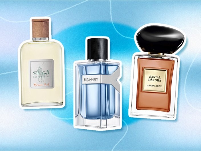 Collage of the Ralph Lauren Polo Earth Moroccan Neroli, YSL Beauty Y Eau de Toilette and Giorgio Armani/Privé Santal Dan Sha Eau de Toilette on a light blue graphic background