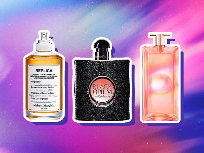 A Lancôme, Maison Margiela and YSL Beauty fragrance bottle on a blue, pink and purple background.