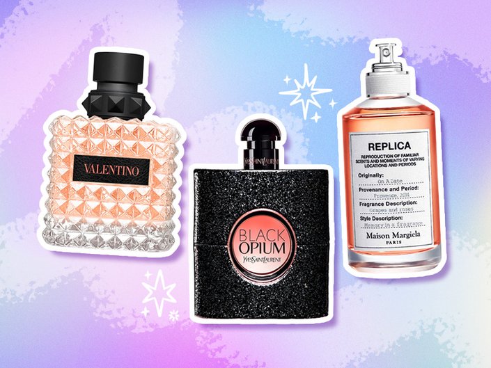 Collage of Valentino Beauty Donna Born in Roma Coral Fantasy Eau de Parfum, YSL Beauty Black Opium Eau de Parfum and Maison Margiela Paris REPLICA On a Date on a purple and blue background