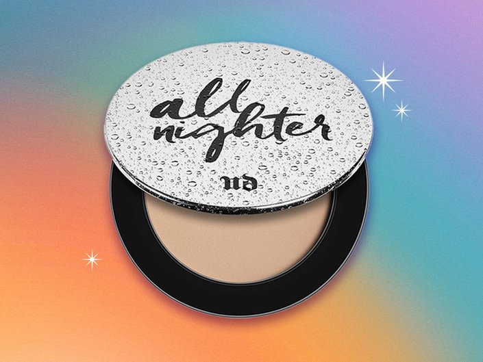 Urban Decay Cosmetics All Nighter Waterproof Setting Powder collaged on a rainbow graphic background