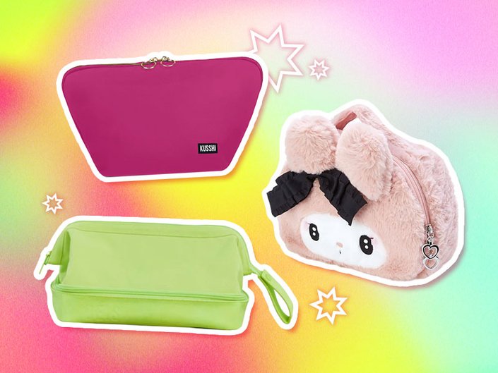 Picture of three makeup bags on colorful graphic background