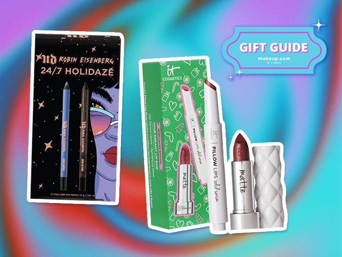 Urban Decay x Robin Eisenberg 24/7 Holidaze Set and IT Cosmetics Pillow Lips Lipstick + Solid Serum Lip Gloss Set on a rainbow background