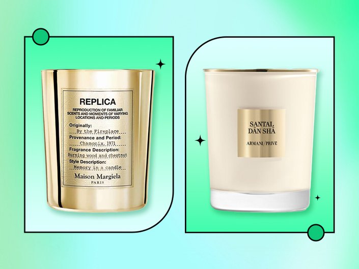 maison margiela candle, armani candle collaged on a bright green background