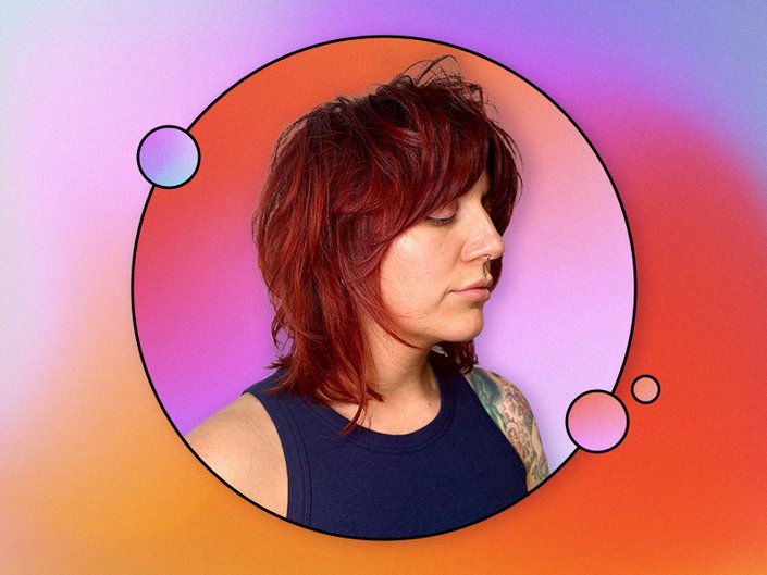 Person in profile with a red cub cut haircut collaged on an orange and purple background
