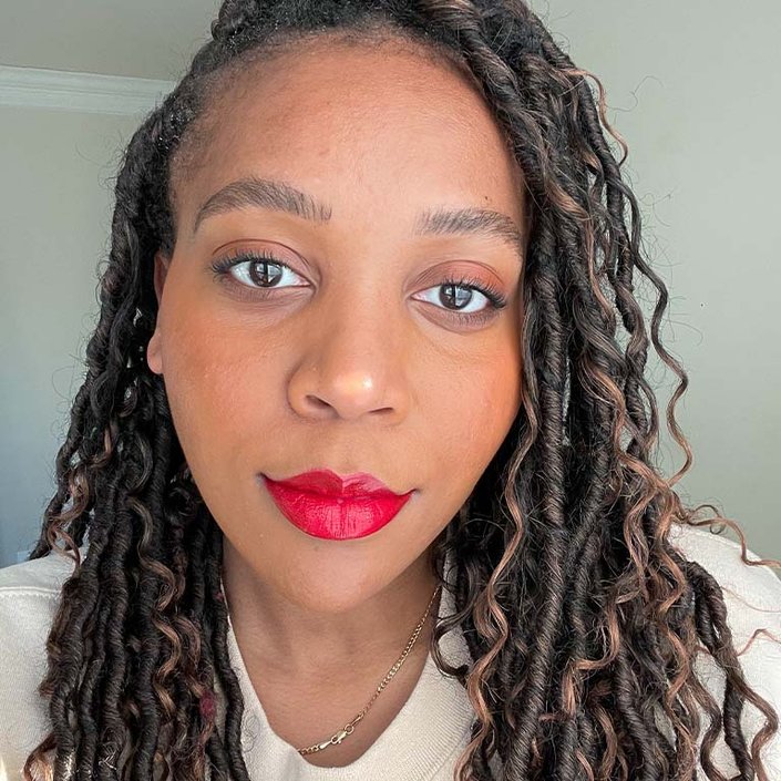 person wearing red lipstick