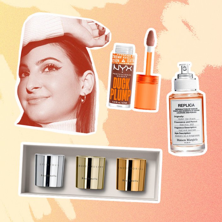 person collaged on an orange background with a nyx duck plump, maison margiela replica perfume, boy smells candles