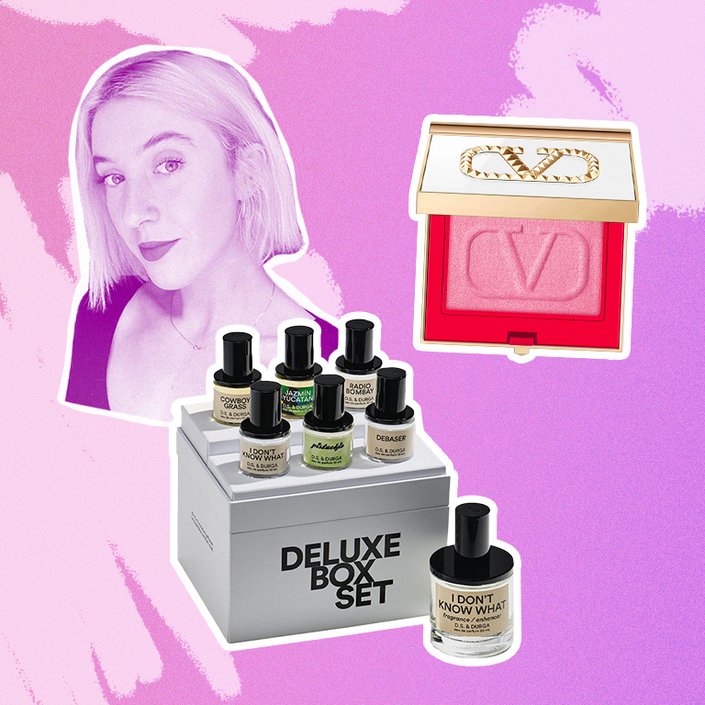 person collaged on a pink background with ds & durga perfume and a valentino blush