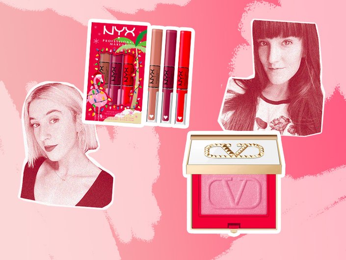 collage of editor faces on a pink gradient background with products