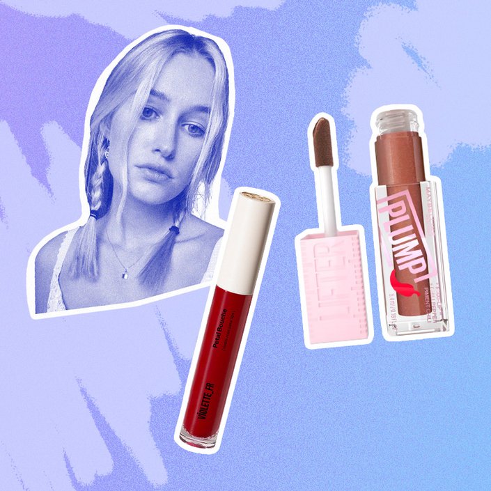 person collaged on a blue background with maybelline gloss and matte lipstick