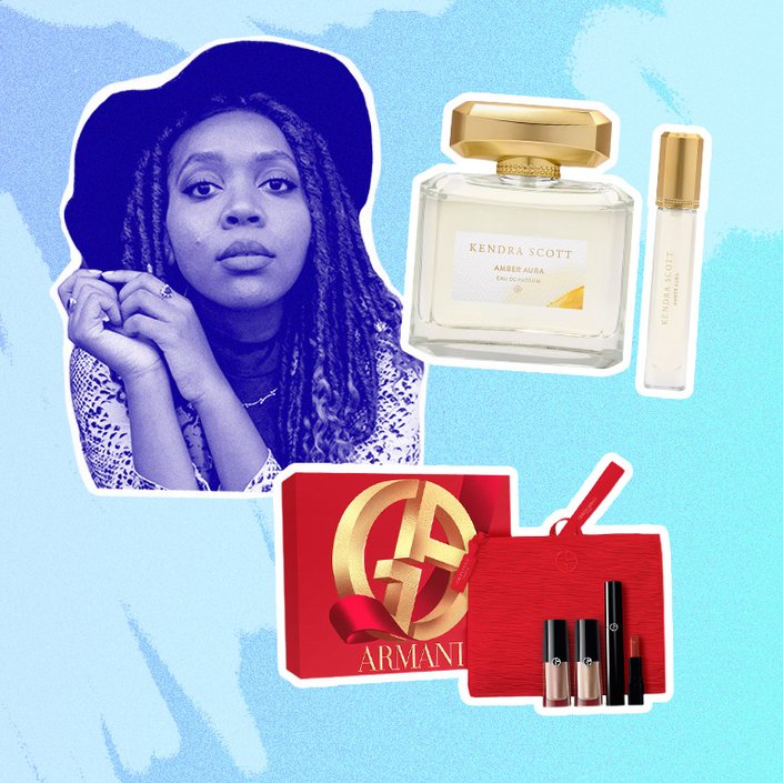 person collaged on a blue background with perfume and makeup set