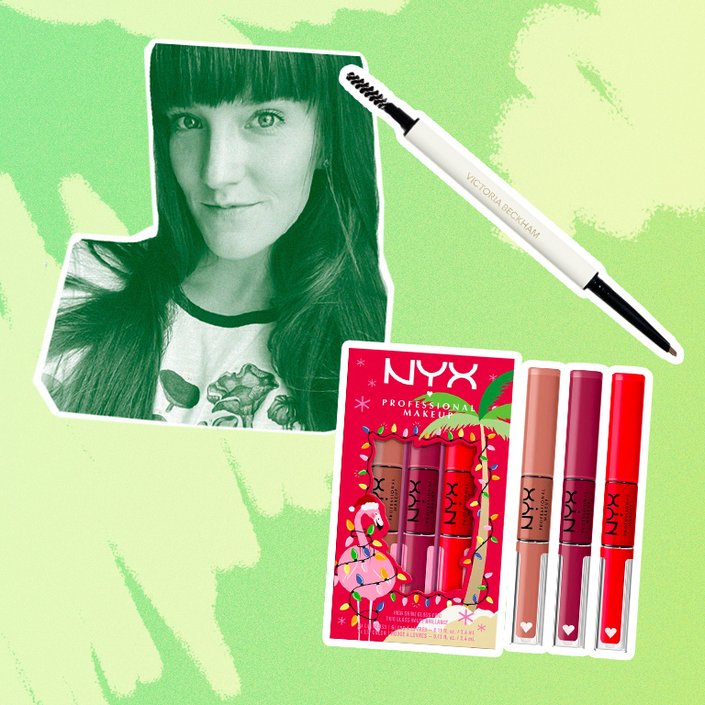 person collaged on a green background with nyx lipsticks and a brow liner