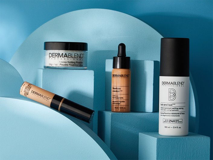 Dermablend makeup products on a blue background