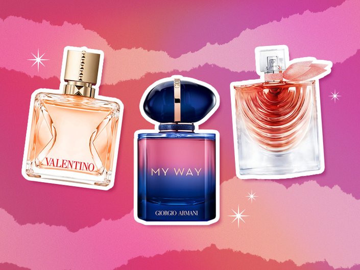 fall-fragrance bottles collaged onto a pink background