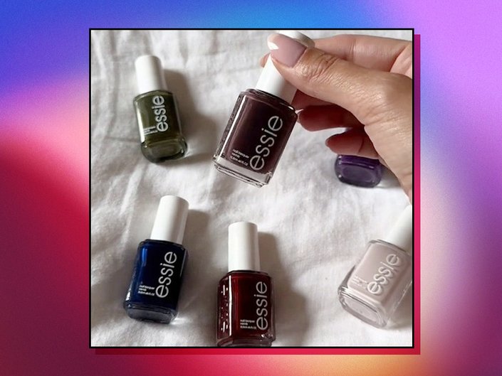 Photo of person’s hands holding up nail polish from the Essie Fall 2023 Step Out of Line collection