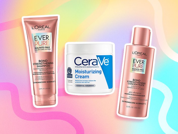 L’Oréal Paris EverPure Bond Strengthening Pre-Shampoo Treatment, L’Oréal Paris EverPure Sulfate-Free Bond Strengthening Shampoo and CeraVe Moisturizing Cream collaged on a pastel rainbow background