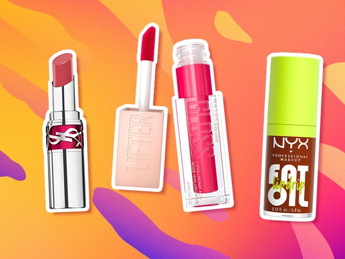 ysl candy glaze, maybelline lip lifter gloss, nyx fat oil collaged onto a colorful orange, pink and purple background