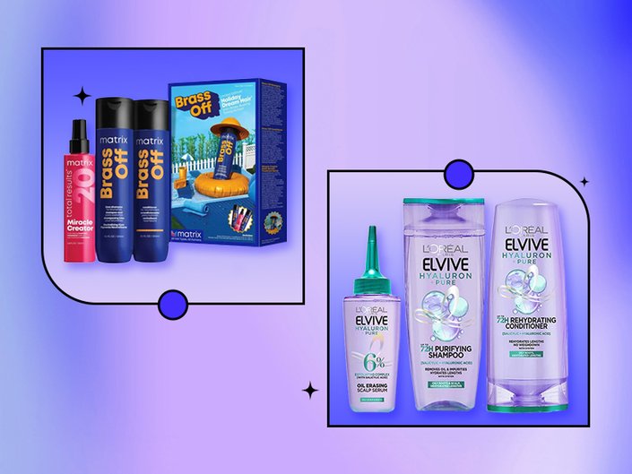 Collage of Matrix Holiday Dream Hair Fantasy Brass Off Set and L’Oréal Paris Hyaluron Purifying Hair Line