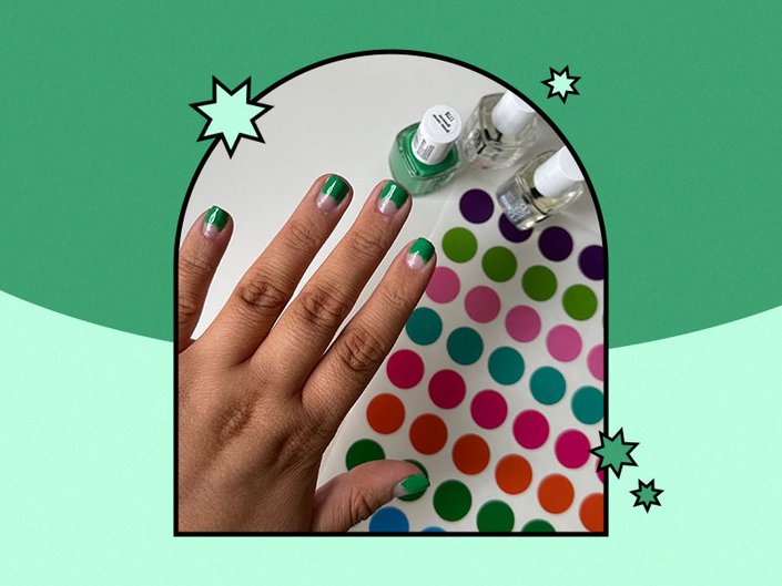 Green collage with green half-moon nail art.