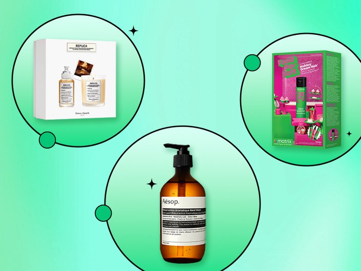 Image of three gift sets on a green graphic background