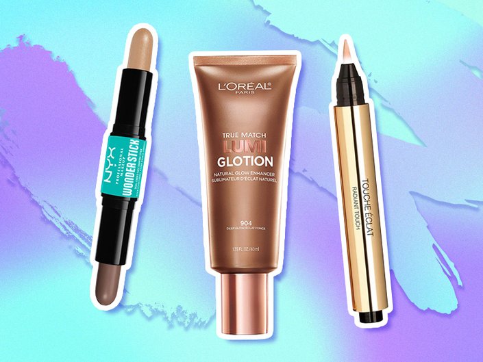 NYX Professional Makeup Wonder Stick, L’Oréal Paris True Match Lumi Glotion and YSL Beauty Touche Éclat All-Over Brightening Pen collaged on a blue and purple background