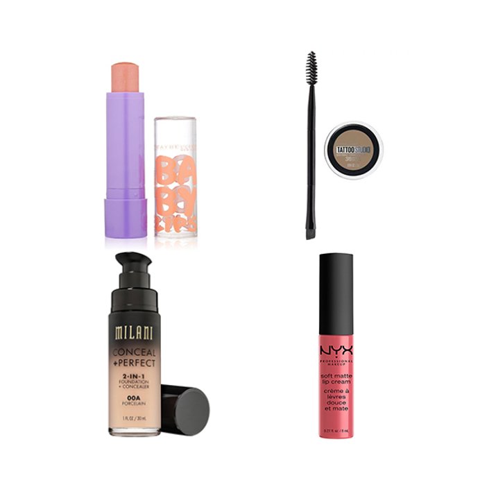 Maybelline New York Baby Lips Moisturizing Lip Balm in Peach Kiss, Maybelline New York Tattoo Studio Brow Pomade in Soft Brown, Milani Conceal + Perfect 2-in-1 Foundation, NYX Professional Makeup Soft Matte Lip Cream