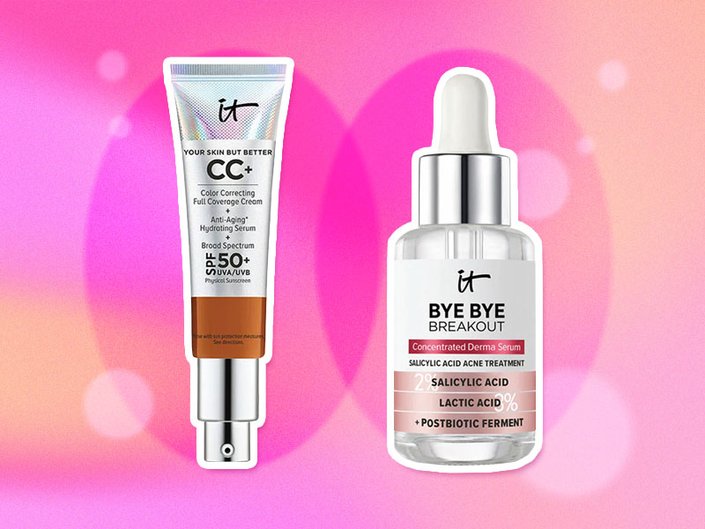 IT Cosmetics Bye Bye Breakout Salicylic Acid Acne Serum and the IT Cosmetics CC+ Cream Full-Coverage Foundation With SPF 50+ collaged on a pink background