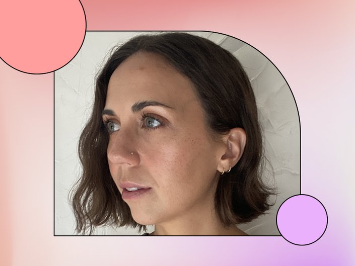 Photo of a person with dark hair cut in a wavy bob, collaged on a pink and purple background