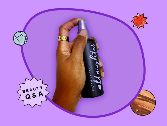 person holding the urban decay all nighter setting spray