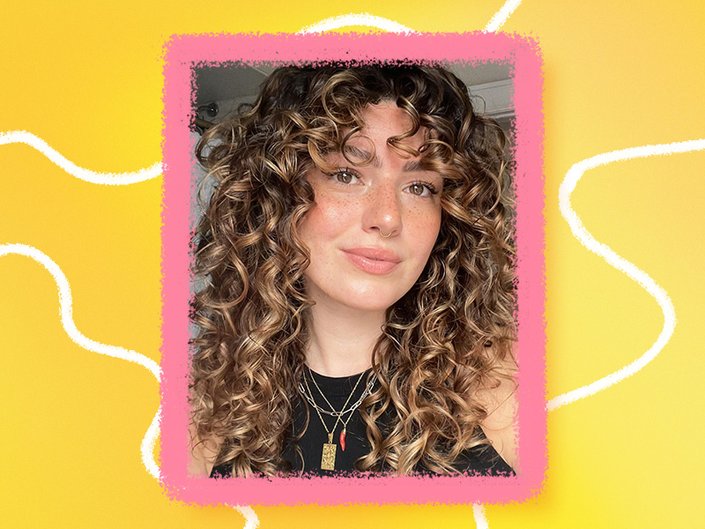 Picture of a person with curly hair and layers surrounded by a pink border on a white and yellow background