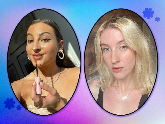 Picture of two editors wearing nude lipstick on a graphic purple and blue graphic background