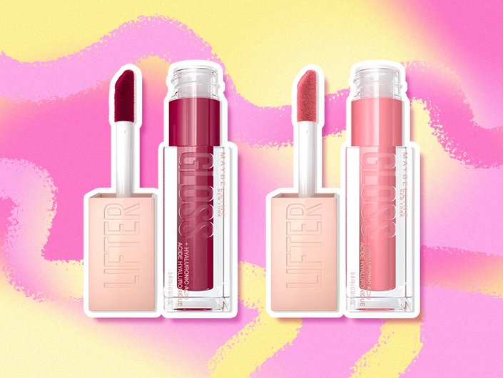 Maybelline New York Lifter Gloss in Taffy and Maybelline New York Lifter Gloss in Gummy Bear collaged on a pink and yellow graphic background