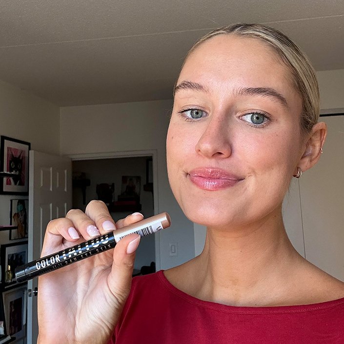 Editor wearing the Maybelline New York Color Tattoo Eye Stix in the shade I am Courageous