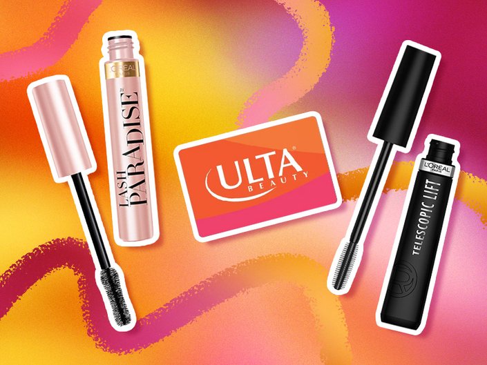 Collage of L'Oréal Paris Lash Paradise Mascara, Ulta Gift Card, and L'Oréal Paris Telescopic Lift Mascara