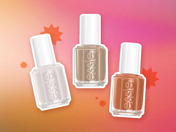 bottles of neutral nail polish on graphic background