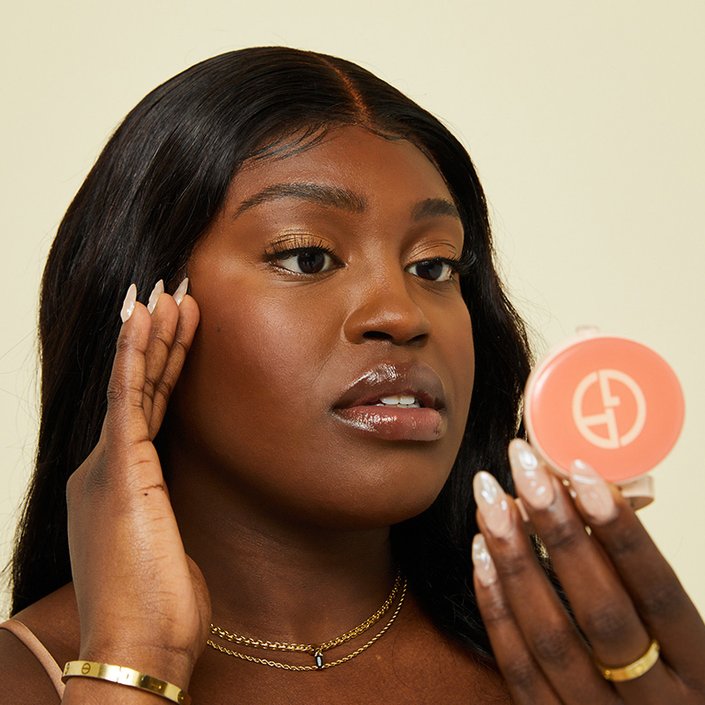 photo of person with natural "no makeup" makeup look with Giorgio Armani blush balm