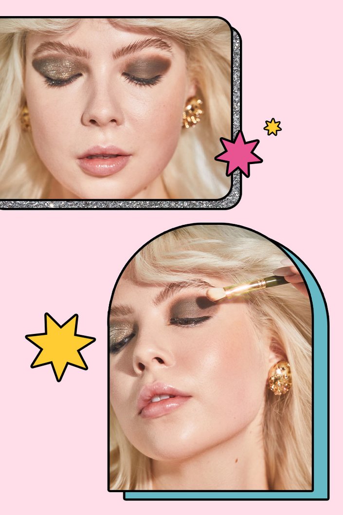 side by side images of person wearing green glitter and brown eyeshadow and person applying brown eyeshadow to eyelid