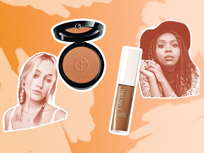 collage of editor faces and armani compact and lancome concealer