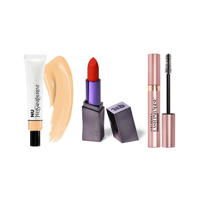 YSL Beauty Nu Bare Look Tint, Urban Decay Vice Lipstick in Drive In, L'Oréal Paris Voluminous Lash Paradise Mascara