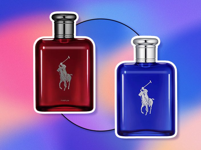 Picture of two Ralph Lauren fragrances on a multicolored gradient background