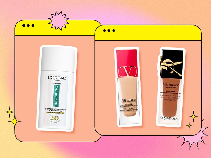 Loreal bright reveal sunscreen, very Valentino sunscreen foundation and ysl all hours foundation on pink and orange background
