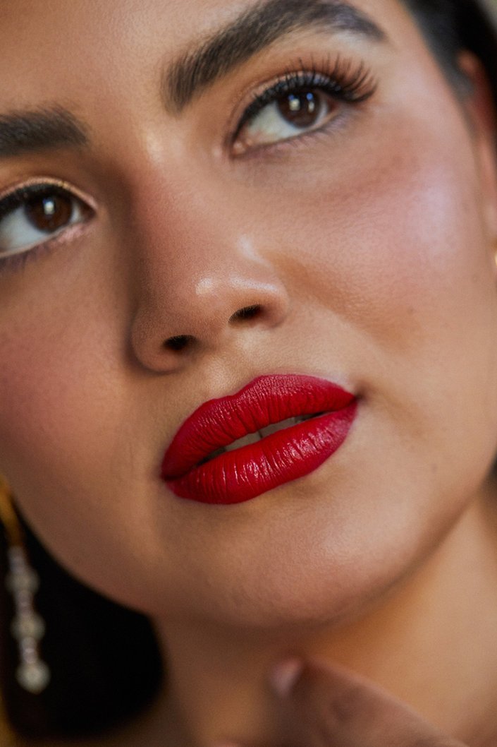 person wearing red lipstick