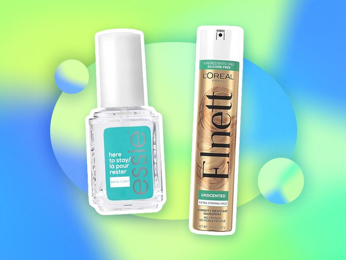 Essie Here to Stay Base Coat and L’Oréal Paris Elnett Satin Extra Strong Hold Unscented Hairspray collaged on a blue and green graphic background