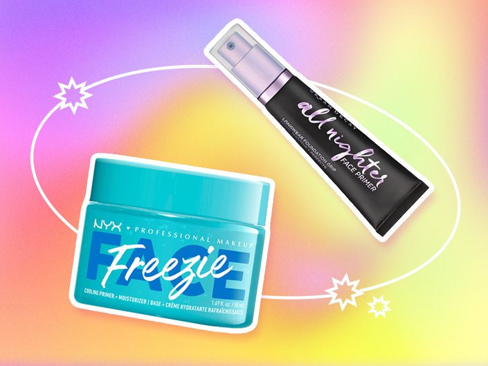 NYX Professional Makeup Face Freezie Cooling Primer + Moisturizer and Urban Decay All Nighter Face Primer collaged on a tie-dye rainbow background