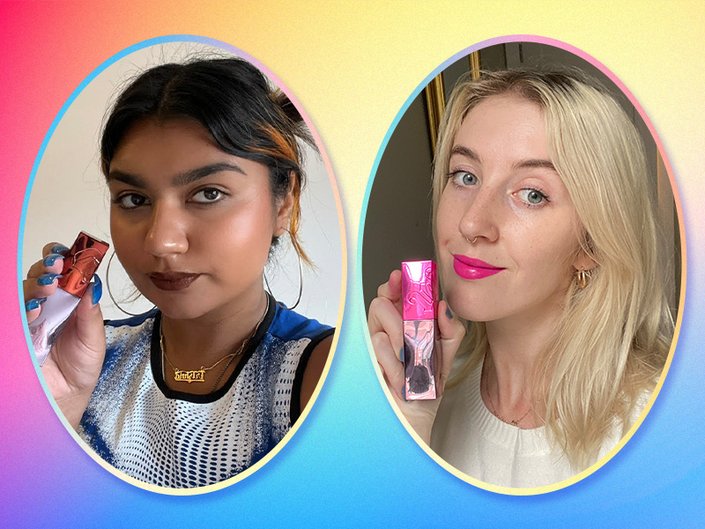 A selfie of an editor with dark hair wearing and holding up the Urban Decay Vice Lip Bond Glossy Liquid Lipstick in Once Strangers and a selfie of an editor with blonde hair wearing and holding up the Urban Decay Vice Lip Bond Glossy Liquid Lipstick in Shock Value, collaged on a yellow, pink and blue tie-dye background.