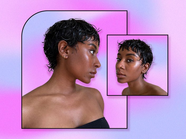 Photos of a Black model with dark hair cut in a wixie haircut collaged on a pink and purple tie-dye background