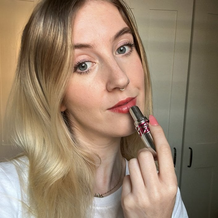 Ariel wearing the YSL Beauty Rouge Volupté Candy Glaze Lip Gloss Stick in Beige Bliss