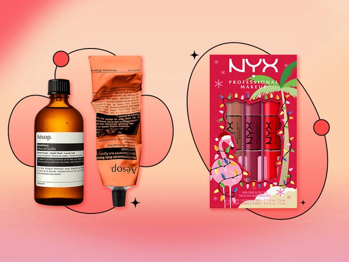 An Aesop gift set and NYX Professional Makeup gift set on an orange graphic background
